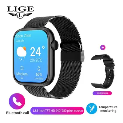 (black, Milan Net) LIGE Body Temperature Smart Watch Women 1.85 Inch Rotary Keys Sports Bracelet