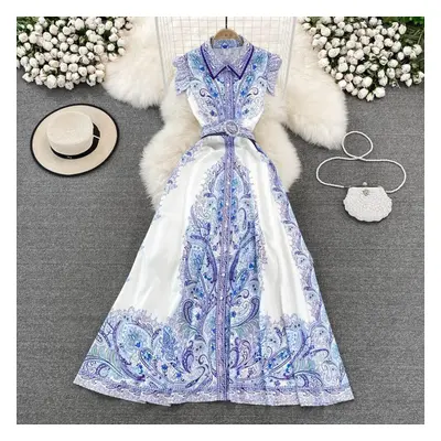 (white, L) Rugod Retro Spring Autumn Temperament Single Breasted Lapel Print Dress Elegant A-lin