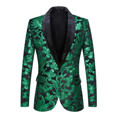 (green, XXL) Pyjtrl Mens Fashion Shiny Sequin Floral Pattern Suit Jacket Blazer