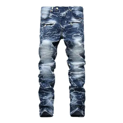 (blue, M) Fashion Men&apos;s Casual Stretchy Pleated Jeans Slim Fit Denim Pants