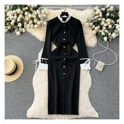 (black, M) Autumn French Vintage Hepburn Style Black Slim Bodycon Party Dress Elegant Women Long