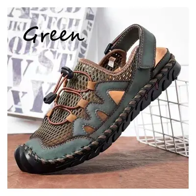 (dark green, 38) Breathable Mesh Sandals For Men Summer Casual Beach Sandals Genuine Cowhide Fla