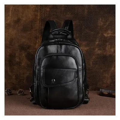 (black) Johnature Retro Men Mini Backpack Genuine Leather Multifunctional Bag First Layer Cowhid