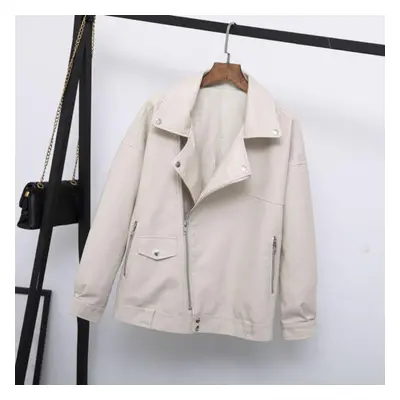 (beige, L) Autumn Faux Soft Leather Pu Jacket Women Loose Punk Coat Female Turndown Collar Moto 