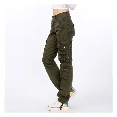 (army green, 30) Women Straight Multi-pocket Cargo Pants Denim Overalls Ladies Fashion Workout J