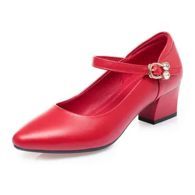 (red, 37) Women Shoes Mid Heel Spring Genuine Leather Women Commuter Shoes Round Toe Shallow Mou