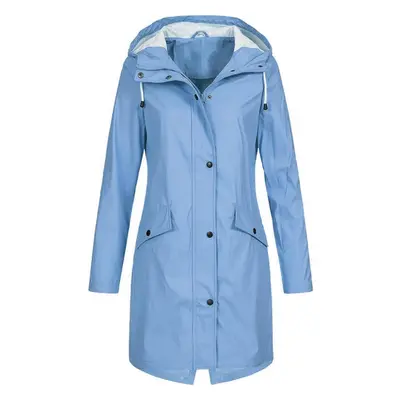 (sky blue, 4XL) Women&apos;s Solid Rain Jacket Outdoor Hoodie Waterproof Long Coat Overcoat Wind