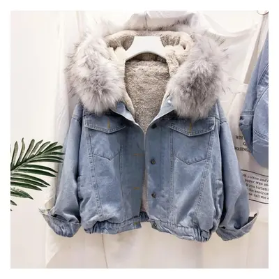 (grey, XL) Velvet Thick Denim Jacket Female Winter Big Faux Fur Collar Korea Denim Coat Female S