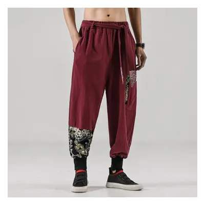 (red, L) Men Cotton Linen Samurai Costume Ukiyo-e Print Belt Retro Harem Pants Haori Baggy Trous