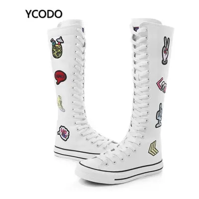 (white, 34) Spring Autumn Women Boots Canvas Mid Calf Boots Casual High Top Shoes Long Boots Lac