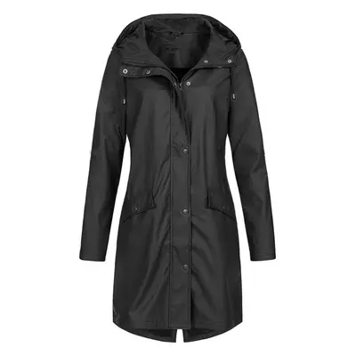 (black, 3XL) Women&apos;s Solid Rain Jacket Outdoor Hoodie Waterproof Long Coat Overcoat Windpro