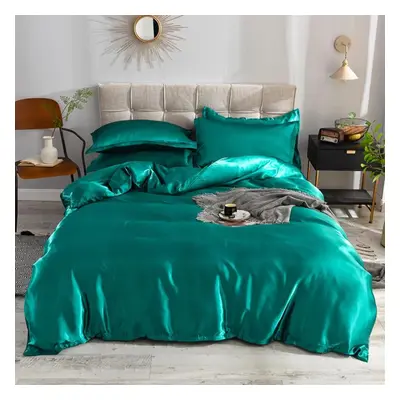 (green, Twin Size pcs) Mulberry Silk Bedding Set With Duvet Cover Fitted/flat Bed Sheet Pillowca