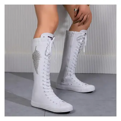 (white, 43) Women&apos;s Fashion Flat Canvas Sports Boots With Lace Inside Zipper