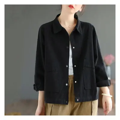 (black, M) Women Casual Short Jackets Autumn Vintage Style Solid Color All-match Loose Female Co