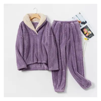 (purple, XL) Coral Fleece Pajamas Set Women Autumn Winter Flannel Sleepwear Suit Thickening Coup