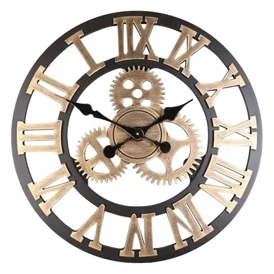 Large Indoor Wall Clock Big Roman Numeral Open Face Wood Gold 58cm