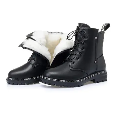 (Black, 37) Women's Short Wool Warm Fur Non-slip Genuine Leather Boots