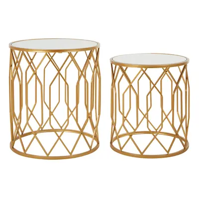 Premier Housewares Set Of Round Bedside Table For Lamp Mirror Tops With Gold Finish Tables For L