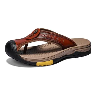 (brown, 43) New Arrival Summer Genuine Leather Men Flip Flops Anti-slip Handmade Leather Slipper