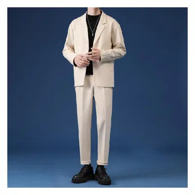 (khaki, S) Male Casual Suit Blazer Set Streetwear Stylish Korean Pieces Sets With Pants Spring O