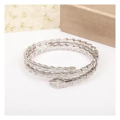 (white) Luxury European And American Two Rings Full Diamond Snake Bracelet For Women Silver Plat