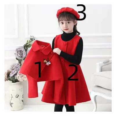 (red, 140) 3pcs/set Girl Spring Autumn Dress Set Ethnic Style Little Girl Woolen Dress Performan