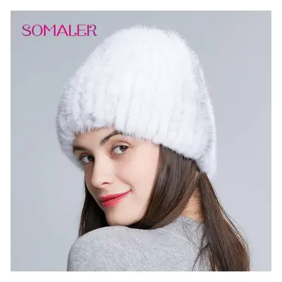 (white,grey) Somaler Women Winter Fur Hats Genuine Mink Fur Beanie Hat Thick Warm Knitted Fur Be