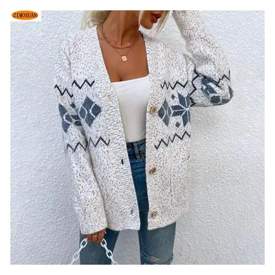 (ivory, L) Zimoxuan Women&apos;s Knitted Cardigan With Long Sleeves And Pockets With Snowflakes