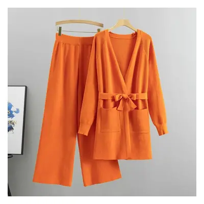 (orange, S) Spring And Autumn Women&apos;s Knitted Set Wide Leg Pants Knitted Cardigan Jacket Tw