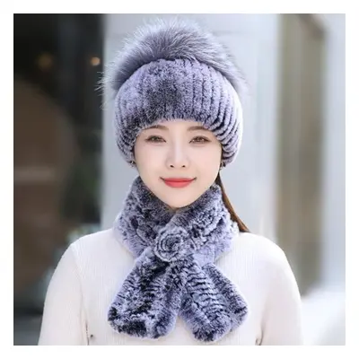 (grey, Good elasticity 52cm-60cm) Rex Rabbit Fur Hat Scarf Sets Women Winter Warm Luxury 100% Ge