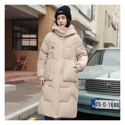 (white, 2XL) Winter Solid Long Down Coats For Women Thicken Casual Big Pocket Loose Puffer Jacke