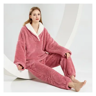 (pink, XL) Winter Warm Flannel Women Pyjamas Sets Thicken Coral Velvet Homewear Long Sleeve Slee