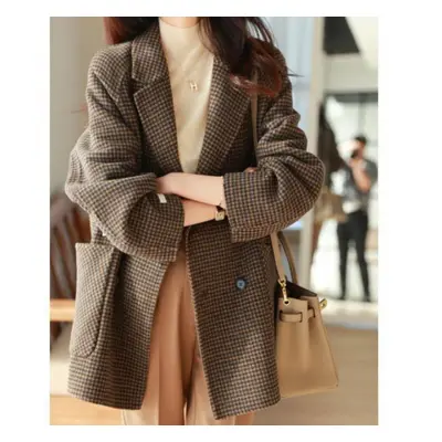 (as the picture, L) Autumn Winter Loose Plaid Tweed Wool Coat Single Breasted Notched Women Blaz