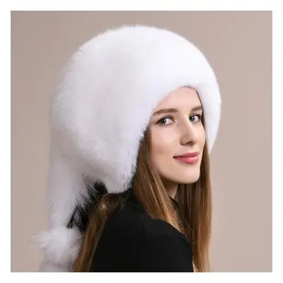 (white, Adjustable(55-60cm)) Fox Fur Hat Women Winter Ear Protection Warm Fur Fashion Northeast 