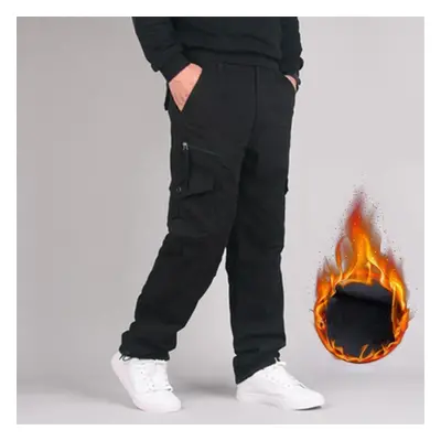 (black, XL) Men&apos;s Cotton Winter Thick Fleece Casual Pants Tactical Baggy Cargo Pants Double