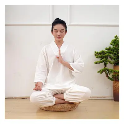 (white, XS) Meditation Clothes For Men And Women Lay Clothes Summer Three-quarter Sleeve Slub Co