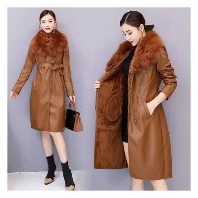 (orange, 4XL) Women&apos;s Leather Jacket Winter Women&apos;s Coat With Fur Fox Collar Warm Slim