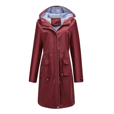 (burgundy, 2XL) Women&apos;s Windcheaters Hooded Long Loose Coat With Side Pocket Outdoor Light 