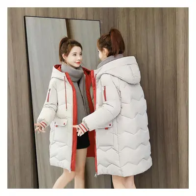 (white, L) Women Winter Warm Coat Fashion Hooded Down Jacket Cotton Padded Long Female Zipper Ou