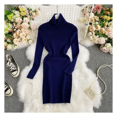 (blue, One Size) New Autumn Winter Women&apos;s Dress Temperament Solid Color Thicken Knit Dress