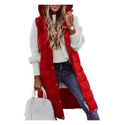 (red, M) Women Winter Vest Coat Padded Solid Color Sleeveless Hooded Drawstring Single-breasted 