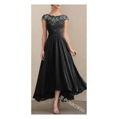 (black, XL) Women Lace Short Sleeves Pleat Bridal Bride Bridesmaids Host Wedding Long Dress Part