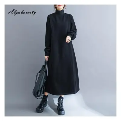 (black, XL) Korean Fashion Plus Size Autumn Winter Women Warm Midi Knitting Dress Turtleneck Bla