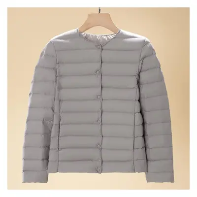 (gray, 3XL) Light Down Jacket Women&apos;s Short Autumn And Winter New V-neck Round Neck Long-sl