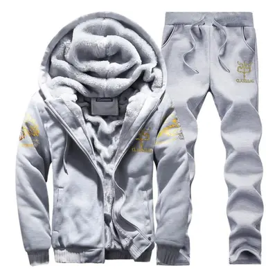 (grey, L) Thick Tracksuit Men Autumn Winter Warm Casual Men&apos;s Set Printing Hooded Jacket + 