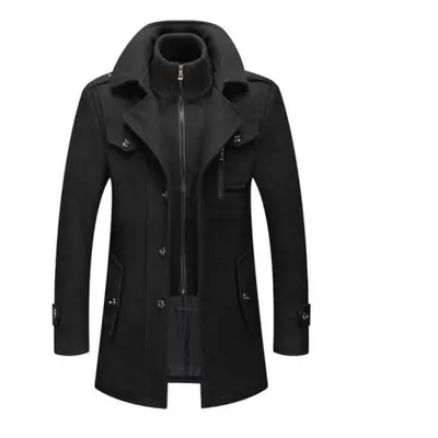 (black, XXXL) New Winter Wool Coat Men Fashion Double Collar Thick Jacket Single Breasted Trench