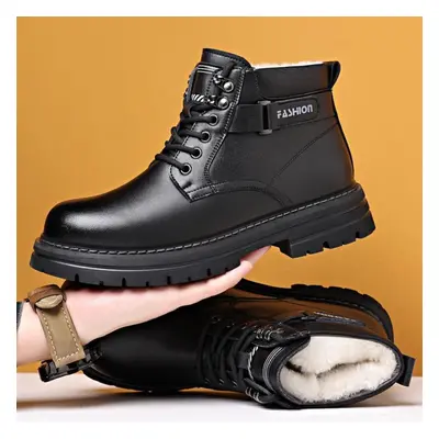 (black, 38) Winter Fur Lined Leather Ankle Boots For Men Outdoor Slip-on Fleece Lined High-top B