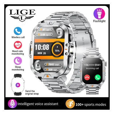 (silver, Steel strap) Lige Led Flashlight Smart Watch 2.01" Tft Large Screen Sports Fitness Heal