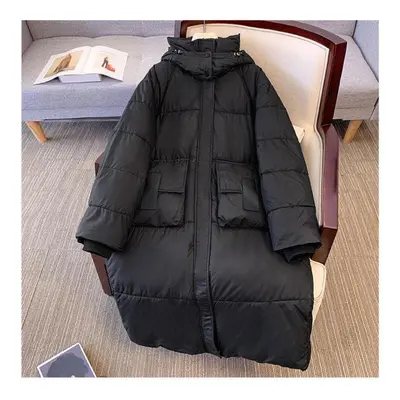 (black, L) Autumn Winter Thicken Warm Long Hooded Parka Women Casual Solid Color Big Pocket Loos