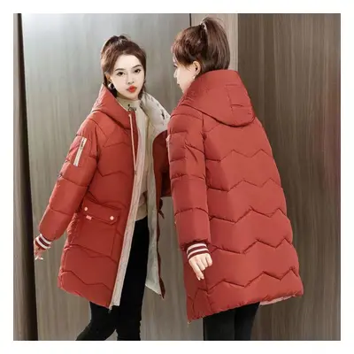 (red, S) Autumn Winter Thicken Female Warm Long Parka Women Solid Color Loose Hooded Coat Jacket